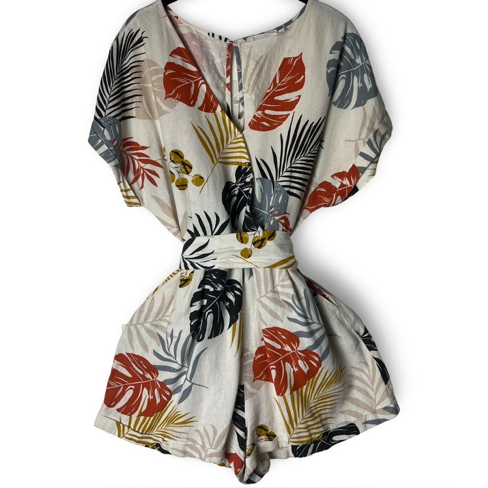 All In Favor – Women’s Tropical Leaf Print Linen Blend Romper – Sz. L